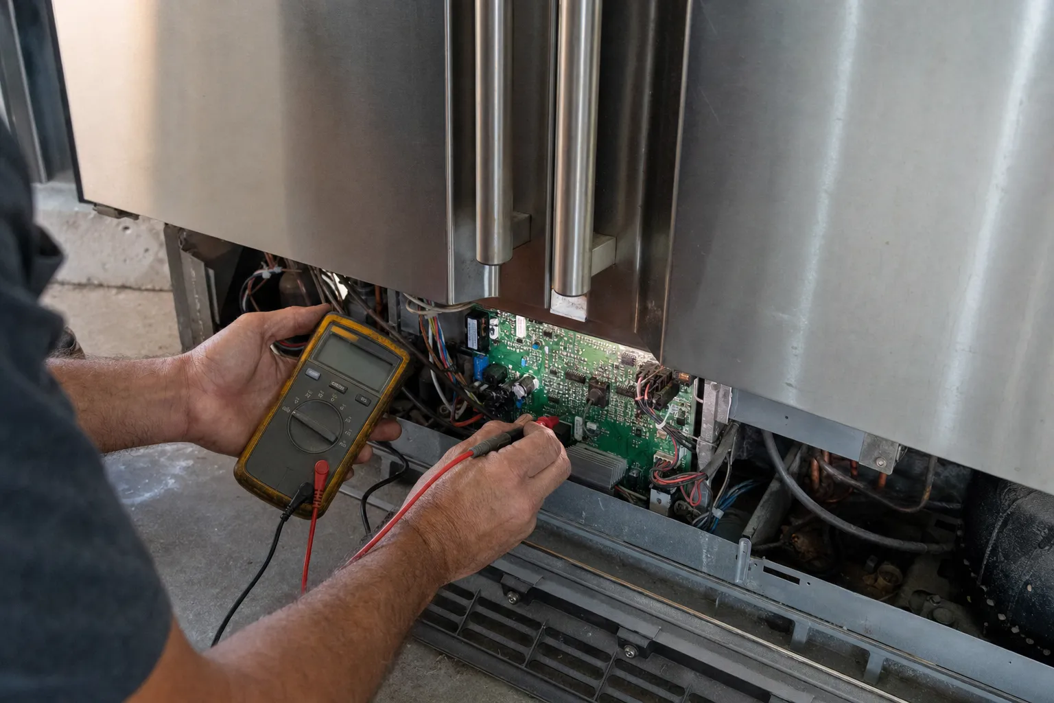 Hands probing the exposed control board at the base of a stainless built-in refrigerator with a multimeter