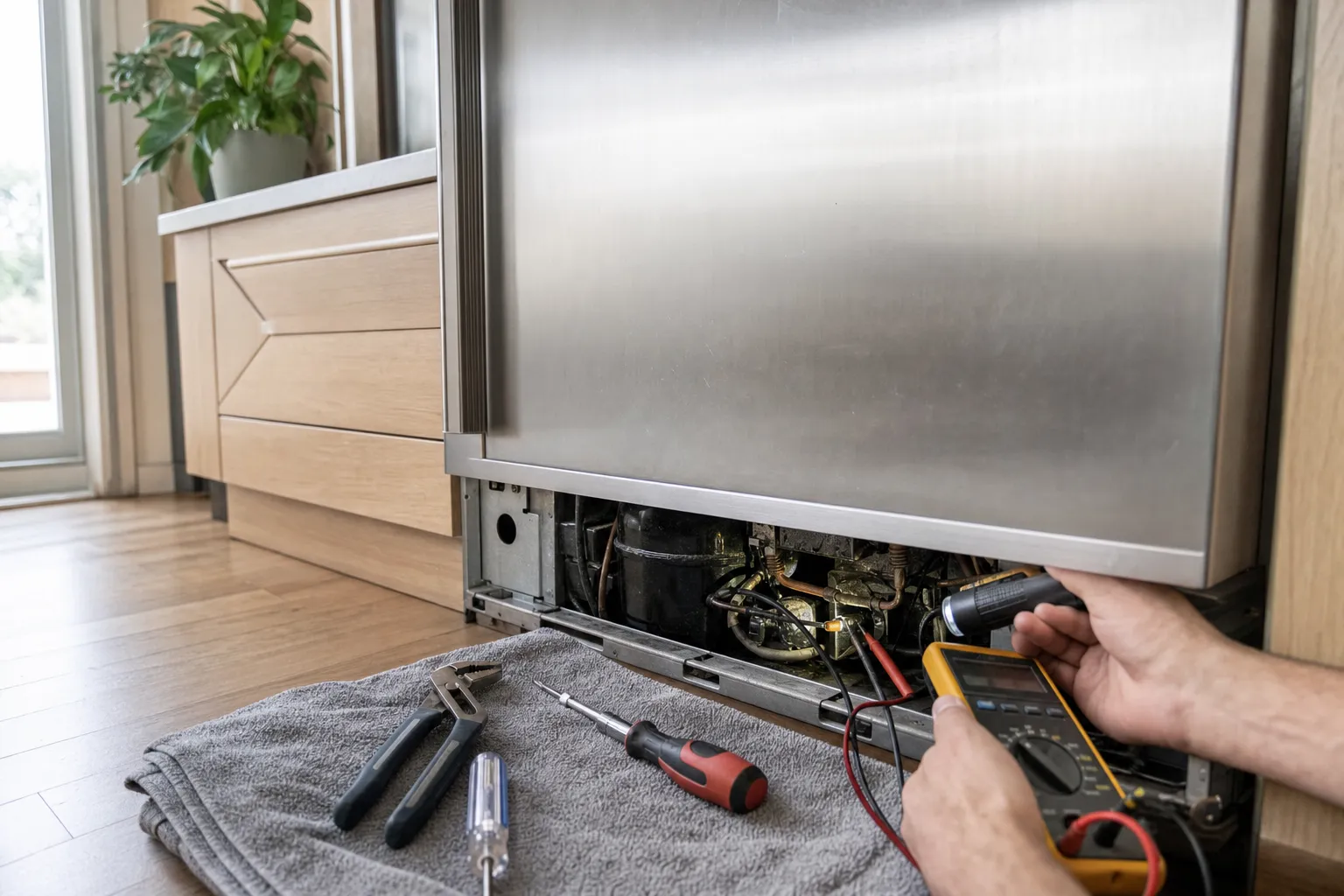 Base grille off a stainless built-in refrigerator, compressor exposed, multimeter held to the wiring
