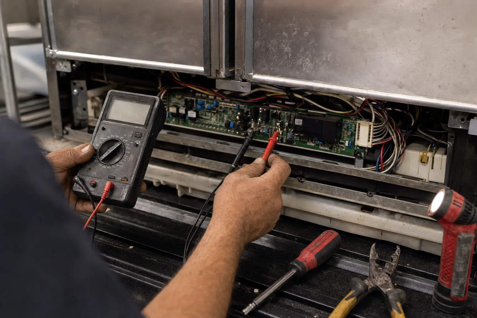 Control board and wiring loom exposed at the base of a stainless refrigerator during a voltage check