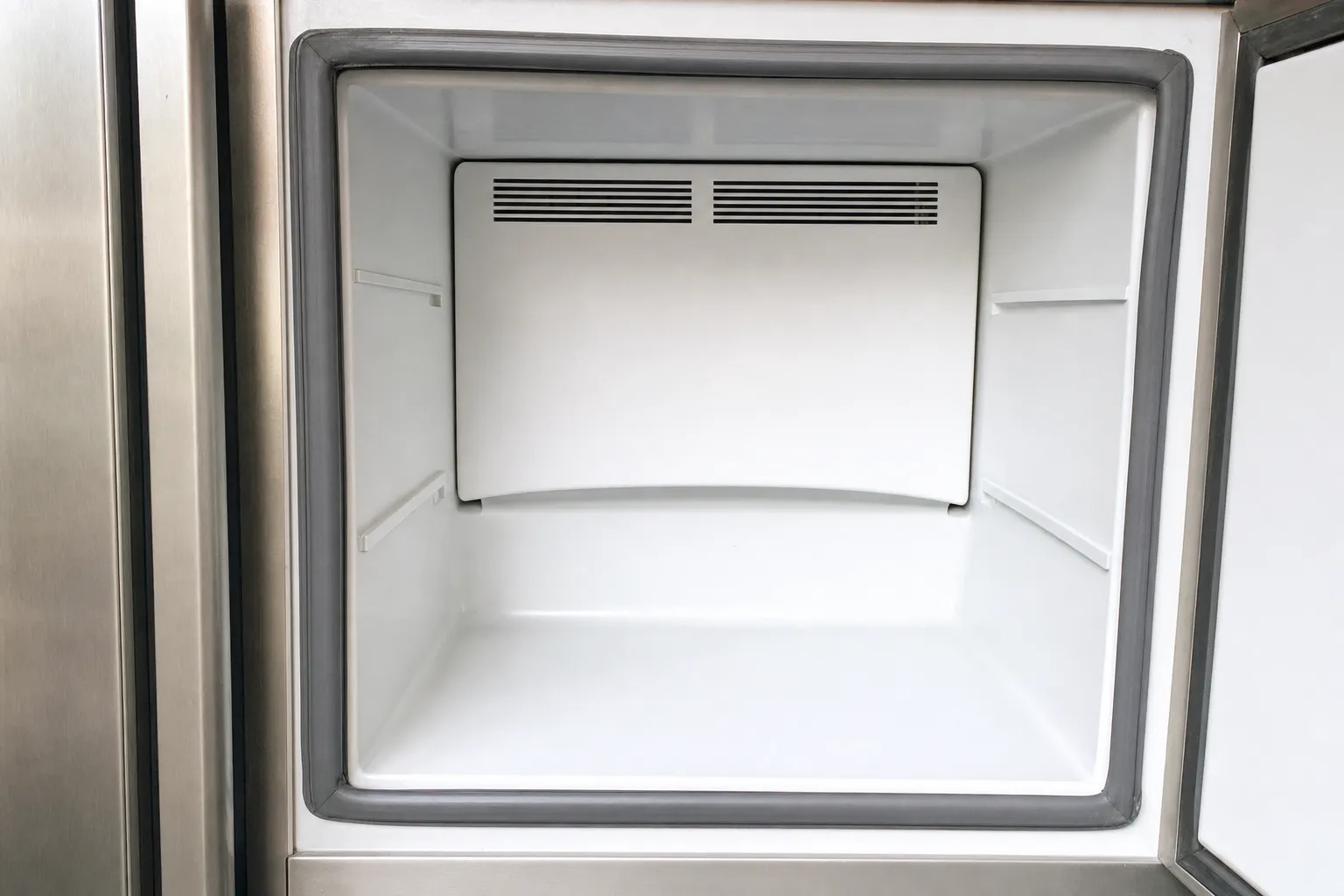 Empty freezer compartment with a grey gasket around the opening and a vented rear panel, the door standing open