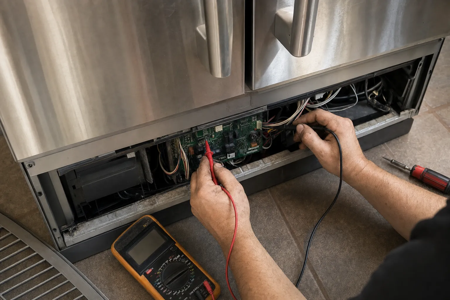 Red and black test leads on a green control board below the doors of a stainless refrigerator, a multimeter on the tile floor