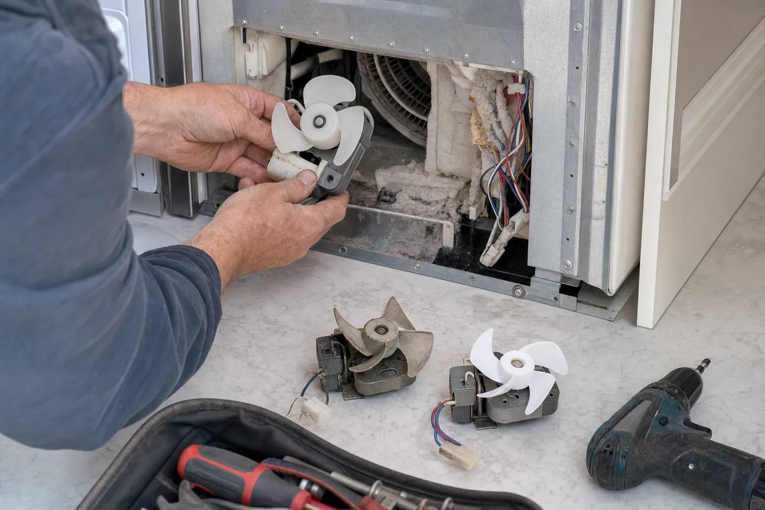 Hands holding a small fan motor out of a dusty machine compartment, two more fan motors, a drill and a tool bag on the floor